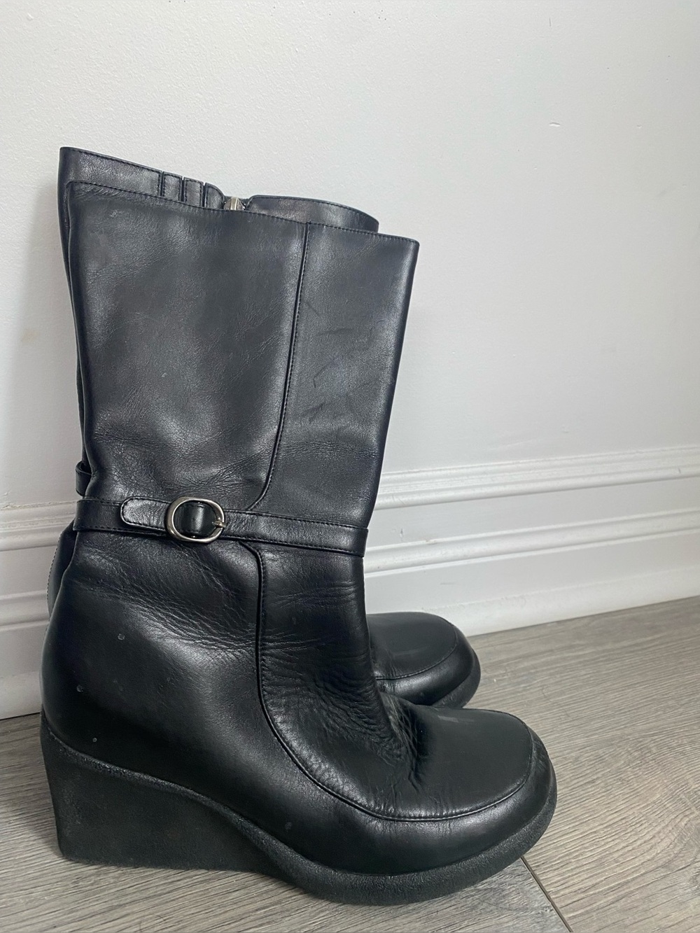 Hush Puppies Black Leather Wedge Boots